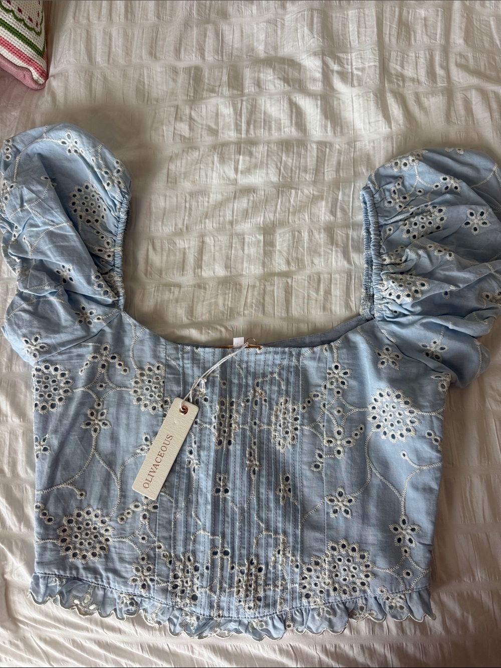 Light Blue Eyelet Puff Sleeve Crop Top